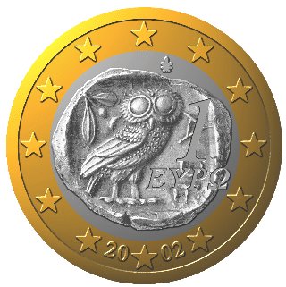 anverso de la moneda de un euro emitida por Grecia que reproduce un tetradracma clásico ateniense